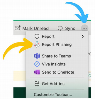 Image of Outlook menu and where to find PhishAlarm